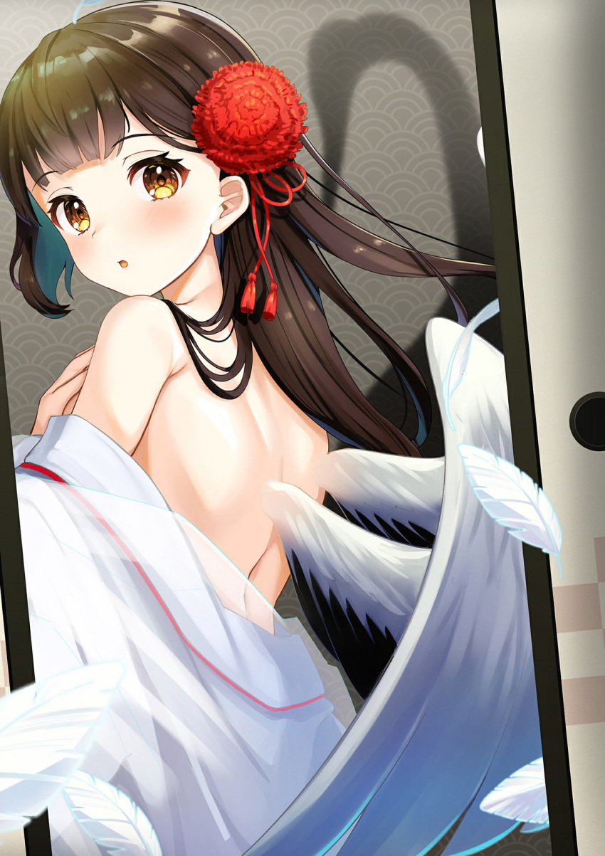 1girl :o angel angel_wings back bare_back bare_shoulders bird bird_wings black_border black_feathers black_wings blush border brown_eyes brown_hair brown_wings chicken chinese_zodiac commentary_request dove feathered_wings feathers flower from_behind game_asset hair_flower hair_ornament highres japanese_clothes kimono letterboxed long_hair looking_at_viewer looking_back looking_to_the_side low_wings non-web_source off_shoulder official_art parted_lips pillarboxed red_flower red_rose ribbon rooster rose self-datamine single_wing solo spread_wings white_feathers white_kimono white_wings wings world_dai_star yanagiba_panda year_of_the_rooster