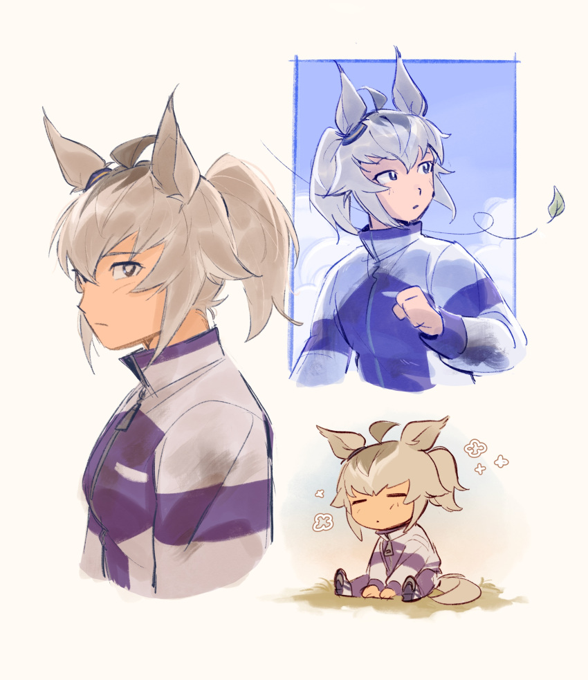 1girl absurdres ahoge animal_ears blue_eyes chibi closed_eyes closed_mouth commentary ear_ornament english_commentary grey_hair grey_tail hair_between_eyes highres horse_ears horse_girl horse_tail jacket kasamatsu_tracen_training_uniform long_hair long_sleeves multicolored_hair multicolored_jacket multiple_views oguri_cap_(umamusume) pants ponytail purple_jacket purple_pants purple_track_suit shoes sitting tail tanukimo_imo track_jacket track_pants track_suit two-tone_jacket umamusume umamusume:_cinderella_gray