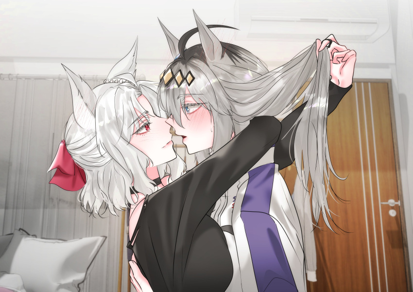 2girls absurdres ahoge animal_ears b_lt blue_eyes blush folkqueen_(umamusume) grey_hair hair_ornament hair_ribbon hairband highres holding_another's_hair horse_ears horse_girl imminent_kiss indoors kasamatsu_tracen_training_uniform long_hair looking_at_another multiple_girls oguri_cap_(umamusume) red_eyes red_ribbon ribbon short_hair umamusume umamusume:_cinderella_gray white_hair yuri