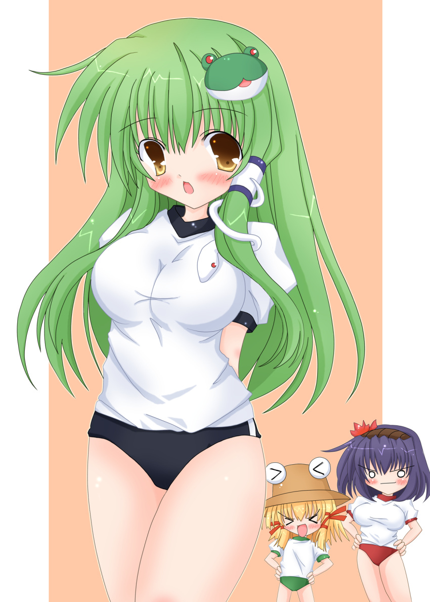 3girls arms_behind_back asagiri_hayate blonde_hair blue_hair blush breasts brown_eyes buruma frog from_behind green_hair hair_ornament hair_ribbon hands_on_hips hat highres kochiya_sanae large_breasts long_hair moriya_suwako multiple_girls o_o open_mouth purple_hair ribbon short_hair snake touhou yasaka_kanako yellow_eyes