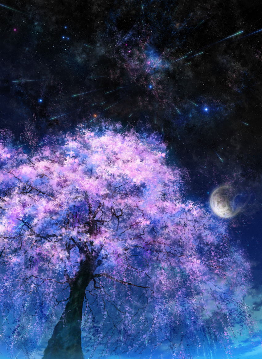 absurdres cherry_blossoms copyright_request epic highres iy_tujiki moon night no_humans scenery shooting_star star_(sky)