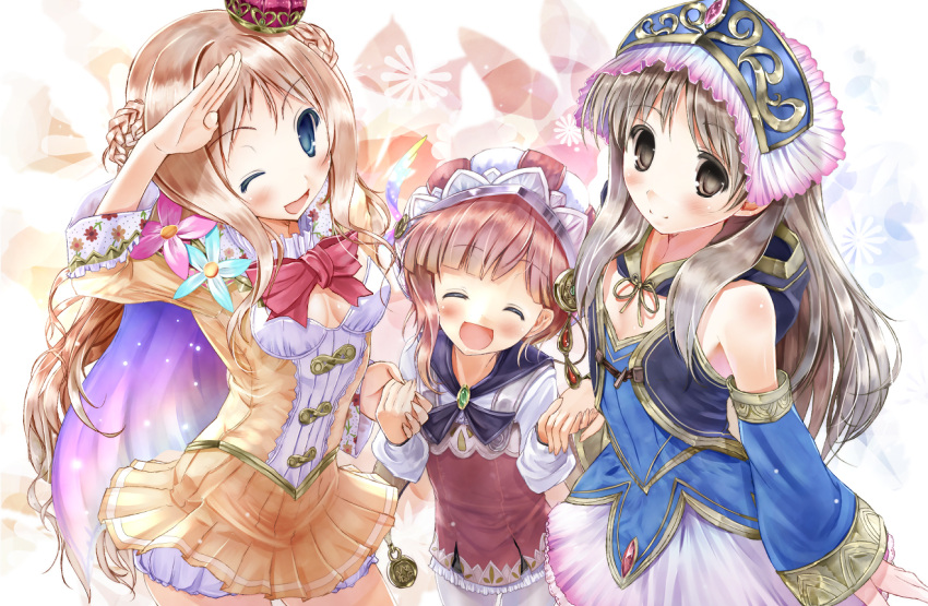 :d ;d ^_^ atelier_(series) atelier_meruru atelier_rorona atelier_totori bare_shoulders blue_eyes blush bow brown_eyes brown_hair cape closed_eyes detached_sleeves dress eyes_closed hand_holding hat holding_hands long_hair merurulince_rede_arls mini_crown multiple_girls open_mouth red_hair redhead rororina_fryxell salute scarlet_(studioscr) silver_hair smile totooria_helmold wink yellow_dress