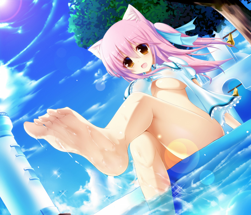 barefoot bell blush bottomless breasts cat_ears dutch_angle fang feet feet_in_water hair_ribbon highres leg_up legs lens_flare long_hair nopan open_mouth orange_eyes original pink_hair ribbon shia_(syroh) shia_flatpaddy sitting soaking_feet soles solo syroh twintails under_boob underboob water wet