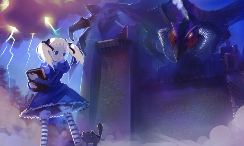 alice_(odin_sphere) animal blonde_hair bloomers blue_eyes book castle cat dragon dress highres lightning odin_sphere original socrates_(odin_sphere) striped striped_legwear striped_thighhighs takashima thighhighs twintails wagner_(odin_sphere)