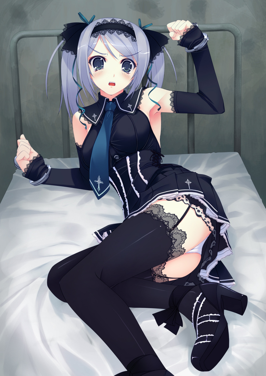 1girl afraid armpits ass bdsm bed black_thighhighs blue_eyes blue_hair blush bondage breasts cuffs detached_sleeves eyebrows_visible_through_hair female fism garter_straps garters hairband handcuffs highres lace lace-trimmed_skirt lace-trimmed_thighhighs murakami_suigun necktie on_bed open_mouth original panties skirt solo source_request tears thigh-highs thighhighs twintails underwear upper_teeth white_panties