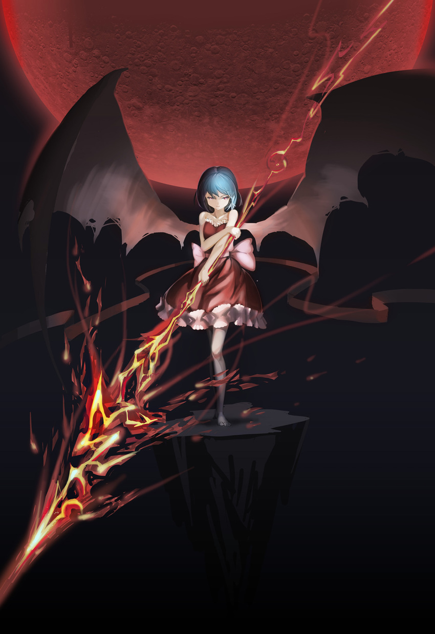 1girl alternate_costume backlighting bare_legs barefoot bat_wings blue_hair bridow darkness dress flame floating_rock frilled_dress frills frown full_moon highres large_wings legs light looking_at_viewer moon no_hat red_eyes red_moon remilia_scarlet short_hair solo spear_the_gungnir standing strapless_dress touhou wings