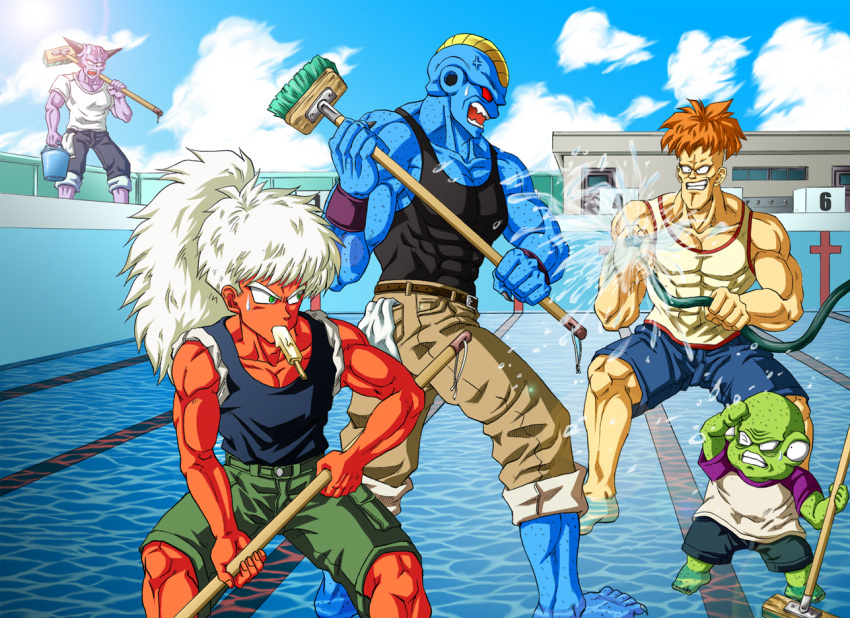 anger_vein angry bad_id barefoot belt broom brown_hair bucket burter captain_ginyu cloud collarbone denim denim_shorts door dragon_ball dragon_ball_z dragonball_z food_in_mouth ginyu_force green_eyes green_skin guldo horns hose jeans jeice long_hair multiple_boys muscle open_mouth outdoors pool popsicle purple_skin recoome red_eyes red_hair red_skin shinomiya_akino shorts tank_top teeth towel water white_hair window wristband zhy-broom