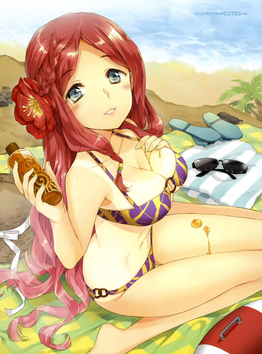 absurdres bare_shoulders beach bikini blue_eyes blush braid breasts cleavage collarbone cuteg flower from_above hair_flower hair_ornament hat hibiscus highres large_breasts long_hair looking_at_viewer looking_up lotion nail_polish o-ring_bikini o-ring_bottom o-ring_top original red_hair redhead sitting smile solo sun_hat sunglasses sunscreen suntan_lotion swimsuit tan tanline thigh_gap thighs wariza water