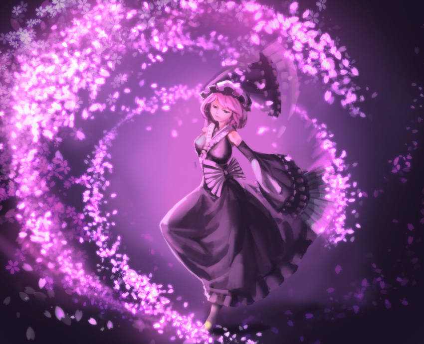 1girl adapted_costume alternate_eye_color arm_up breasts bridow dancing detached_sleeves fan folding_fan frilled_kimono japanese_clothes kimono large_breasts leg_up light_smile lips looking_down looking_to_the_side mob_cap obi petals pink_hair purple_background saigyouji_yuyuko sash shoes short_hair sleeveless solo touhou triangular_headpiece violet_eyes