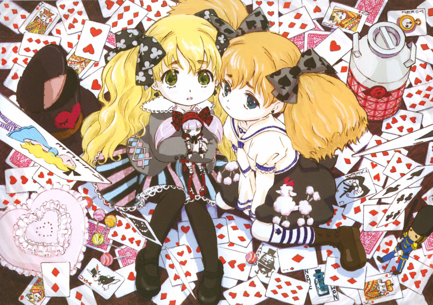 2girls alice_(wonderland) alice_in_wonderland black_legwear blonde_hair blue_eyes boots bow candy card cards cheshire_cat child dog doll dress falling_card flower green_eyes hat heart highres humpty_dumpty lollipop milk pantyhose pillow playing_card playing_cards pocket_watch poodle queen_of_hearts red_rose rose skirt soldier striped striped_legwear thighhighs top_hat twintails watch white_rabbit