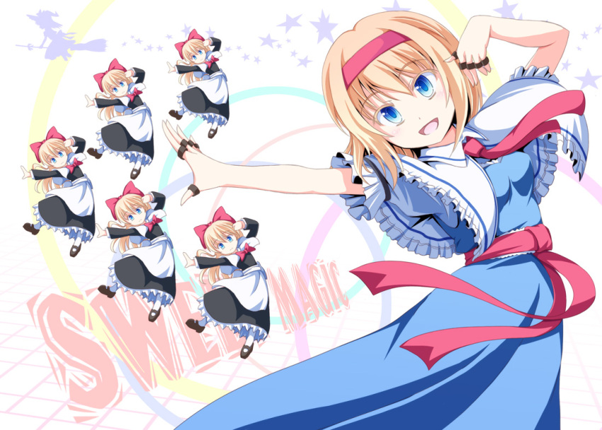 alice_margatroid apron arms_up black_dress blonde_hair blue_dress blue_eyes bow broom broom_riding capelet dancing dress hair_bow hairband hat jewelry kirisame_marisa long_hair necktie open_mouth ring sash shanghai_doll short_hair silhouette smile star touhou tri witch witch_hat