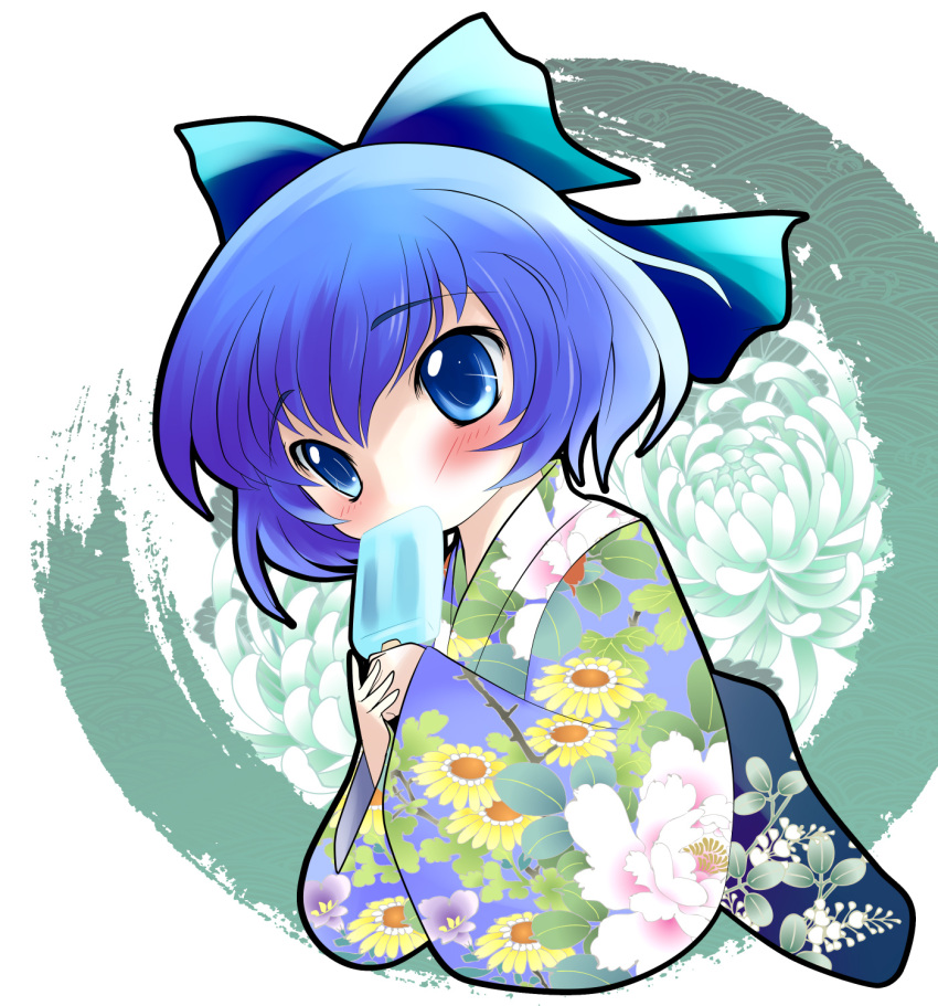 blue_eyes blue_hair blush bow bust chibi cirno eating floral_print food hair_bow highres ice_cream japanese_clothes kimono long_sleeves popsicle short_hair solo touhou yukata yume_shokunin