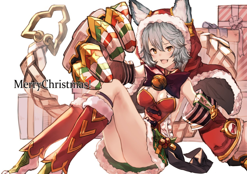 animal_ears bell boots bow cat_ears christmas claw_(weapon) detached_sleeves erun_(granblue_fantasy) fur_trim granblue_fantasy hood merry_christmas open_mouth santa_boots santa_costume sen_(granblue_fantasy) sitting skirt stole weapon yoo_(tabi_no_shiori)