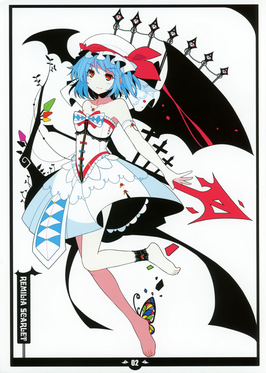 alternate_costume anklet barefoot bat_wings blue_hair butterfly_wings dress feet hat highres ideolo jewelry laevatein necklace red_eyes remilia_scarlet short_hair spear_the_gungnir strapless_dress touhou white_dress wings