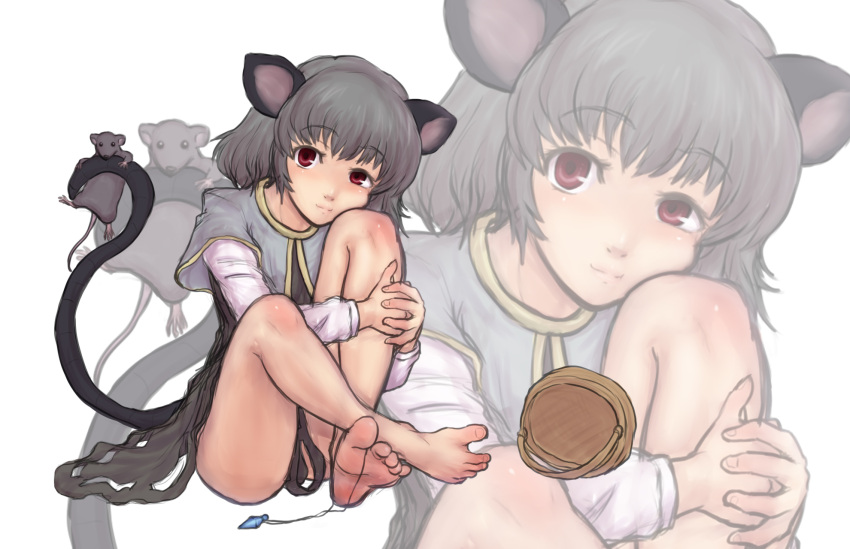 bare_legs barefoot basket capelet chin_rest feet grey_hair highres jewelry knees kuro_suto_sukii legs looking_at_viewer mouse mouse_ears mouse_tail nazrin necklace pendant red_eyes sitting soles tail toes touhou zoom_layer