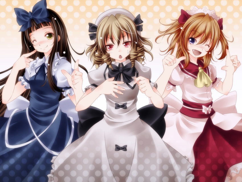 ascot black_hair blonde_hair blush drill_hair fang hat highres long_hair looking_at_viewer luna_child multiple_girls open_mouth red_eyes ribbon s-syogo sash skirt smile star_sapphire sunny_milk touhou wings wink