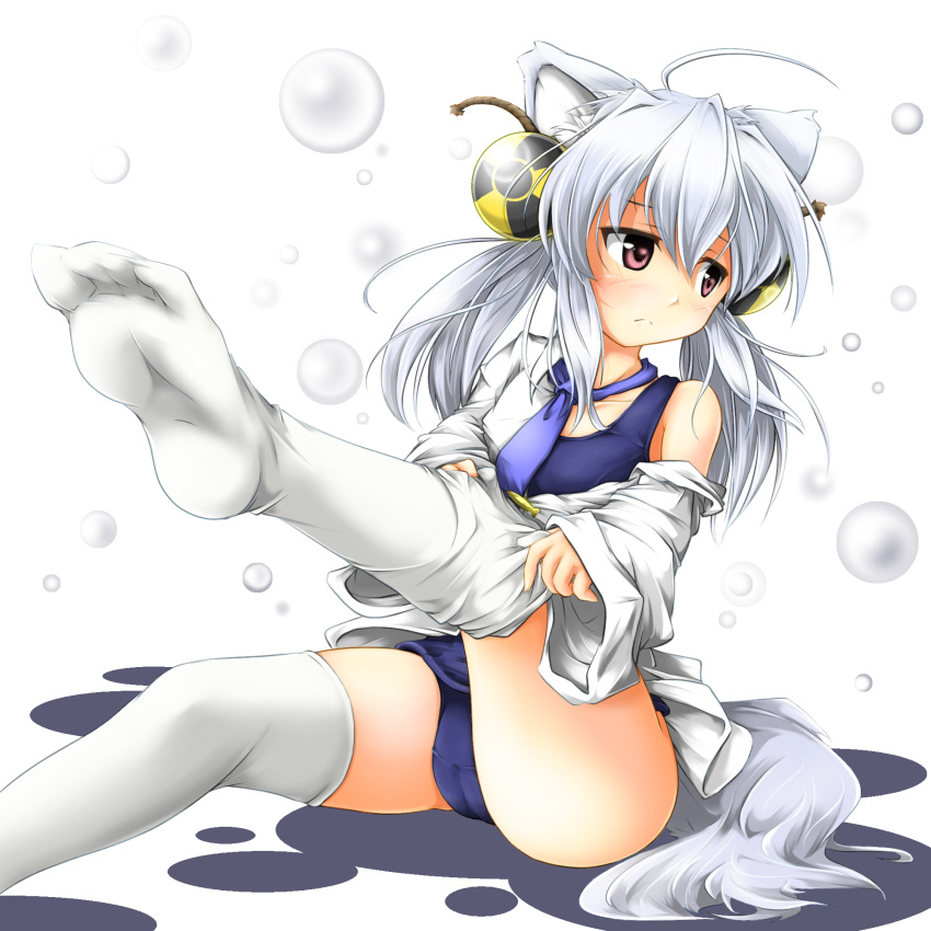 ball blush dripping hair_ornament highres leg_up necktie nuclear off_shoulder one-piece_swimsuit open_clothes open_shirt original pink_eyes pr0vidence radiation_symbol red_star_(toranecomet) school_swimsuit shirt silver_hair sitting solo swimsuit tail thigh-highs thighhighs thighhighs_pull tie_clip twintails uranium white_legwear wolf_ears wolf_tail