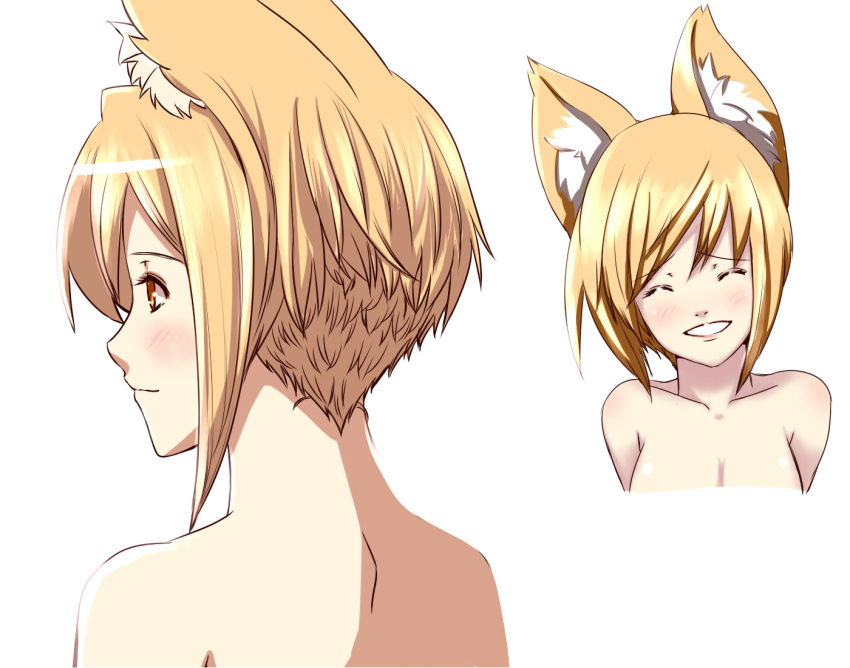 animal_ears bare_shoulders blonde_hair blush breasts brown_eyes cleavage close-up closed_eyes collarbone dearmybrothers eyes_closed face fox_ears grin large_breasts nape neck no_hat no_headwear nude profile smile solo touhou yakumo_ran