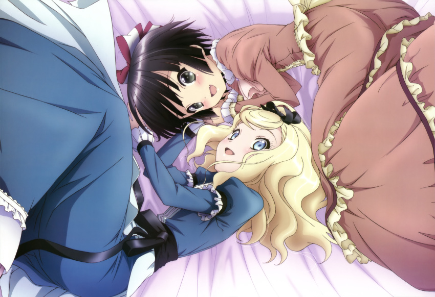:d absurdres alice_blanche black_eyes black_hair blonde_hair blue_eyes dress fang highres ikoku_meiro_no_croisee lying multiple_girls nyantype official_art on_side open_mouth smile yune_(ikoku_meiro_no_croisee)