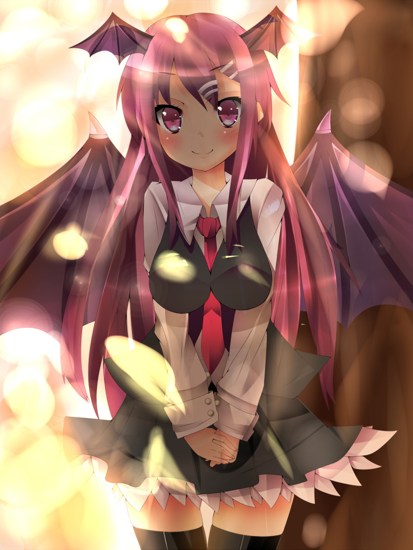 &gt;:) alza bat_wings between_breasts black_legwear blush breasts buttons demon_wings dress_shirt hair_ornament hair_wings hairclip head_wings highres impossible_clothes impossible_clothing impossible_shirt koakuma long_hair long_sleeves necktie red_eyes red_hair redhead shirt skirt smile solo the_embodiment_of_scarlet_devil thighhighs touhou v_arms vest wings zettai_ryouiki