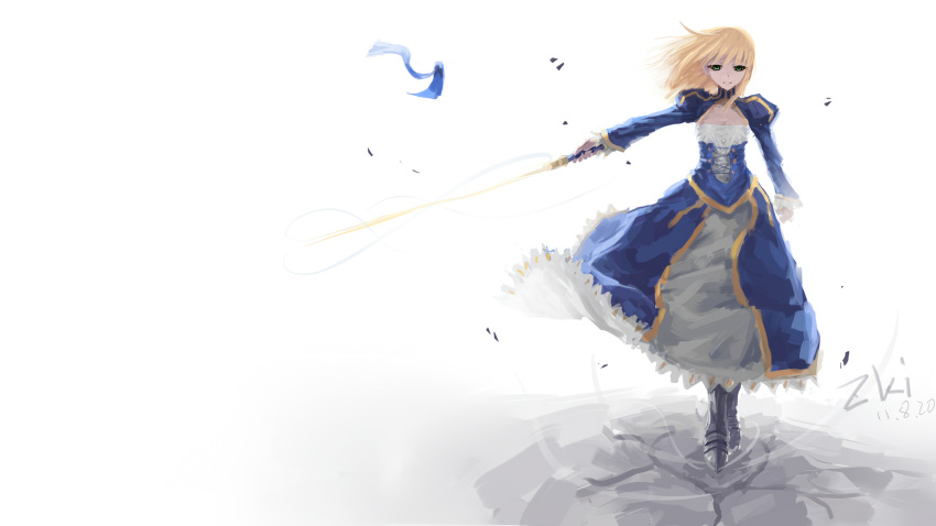 bad_id blonde_hair boots excalibur fate/stay_night fate_(series) green_eyes hair_down hair_ribbon highres puffy_sleeves ribbon saber short_hair smile solo sword tuzki weapon