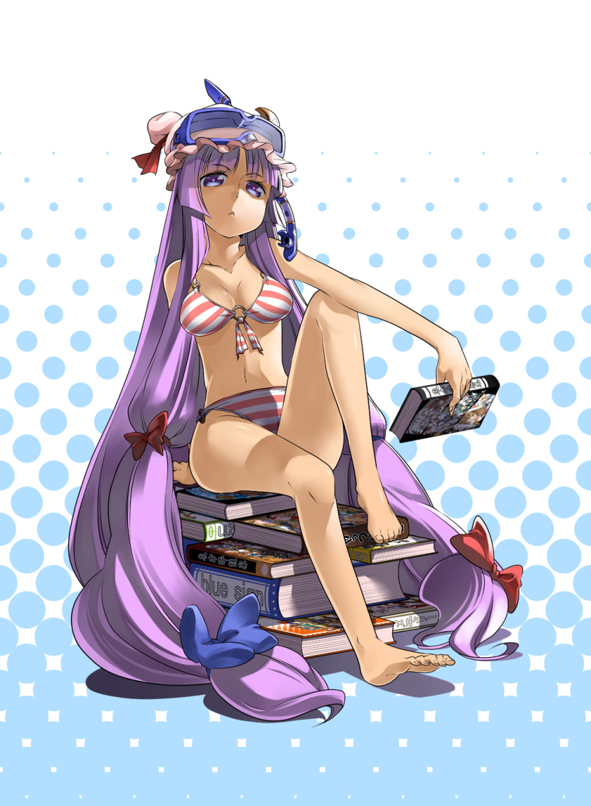 :&lt; barefoot bikini book diving_mask feet front-tie_top goggles goggles_on_head halftone halftone_background highres long_hair o-ring_bottom o-ring_top patchouli_knowledge purple_eyes purple_hair sitting snorkel solo striped striped_bikini striped_swimsuit swimsuit touhou very_long_hair violet_eyes yuuzii