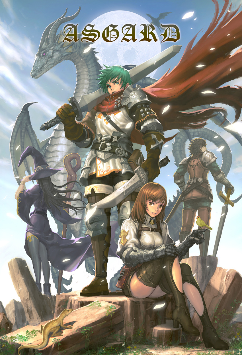 bad_id bird cape copyright_request dragon dual_wielding fantasy hat high_heels highres kilart light_smile lizard shoes staff sword thigh-highs thighhighs weapon witch_hat wood
