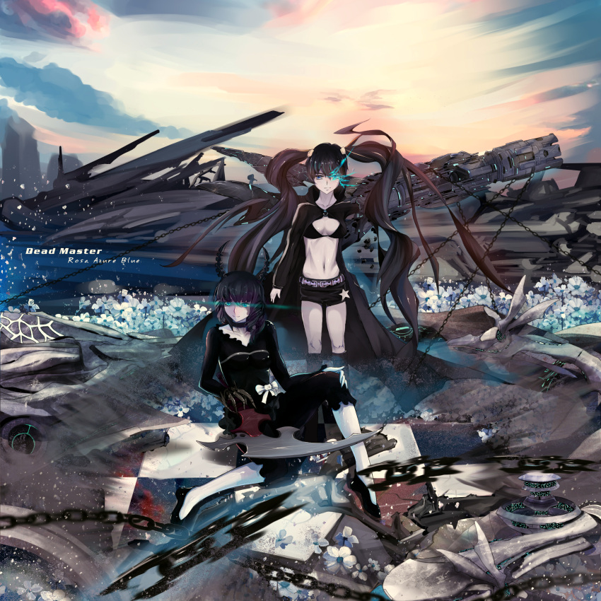 bad_id bikini_top black_hair black_rock_shooter black_rock_shooter_(character) blue_eyes boots bow breasts checkered checkered_floor choker claws coat curly_hair dead_master glowing glowing_eyes green_eyes highres horns long_hair midriff multiple_girls pants rubble shoes shorts smile star sunrise twintails x_x_(artist)