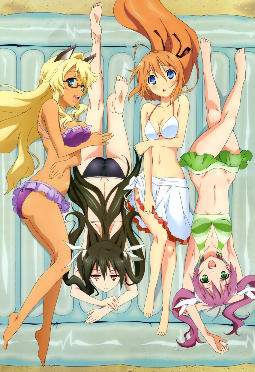 2girls :d :o absurdres ahoge animal_ears armpits artist_request ass bare_legs bare_shoulders barefoot beach bikini bikini_skirt black_bikini black_hair blonde_hair blue_eyes breast_hold breasts cat_ears collarbone crossed_legs_(lying) dark_skin float floatie frilled_bikini frills glasses green_bikini green_eyes hair_ribbon highres inflatable_raft konoe_subaru long_hair lying mayo_chiki! megami multiple_girls narumi_nakuru navel nyantype on_back on_side on_stomach open_mouth orange_hair purple_bikini purple_hair red_eyes ribbon sarong smile suzutsuki_kanade swimsuit taut_swimsuit twintails two_side_up usami_masamune white_bikini