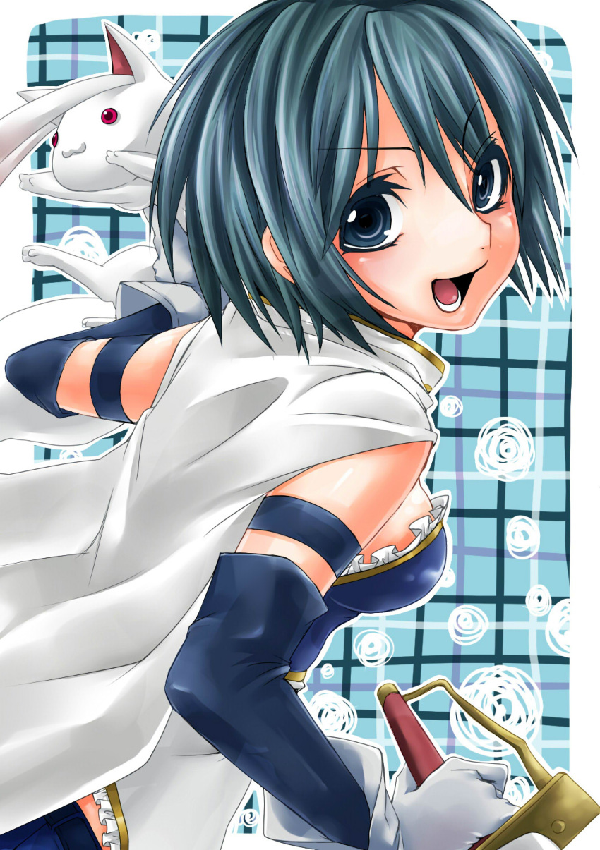 :3 :d blue_eyes blue_hair blush breasts cape creature elbow_gloves emu_(trigger) gloves happy highres kyubey looking_back mahou_shoujo_madoka_magica miki_sayaka open_mouth plaid short_hair sideboob smile white_gloves