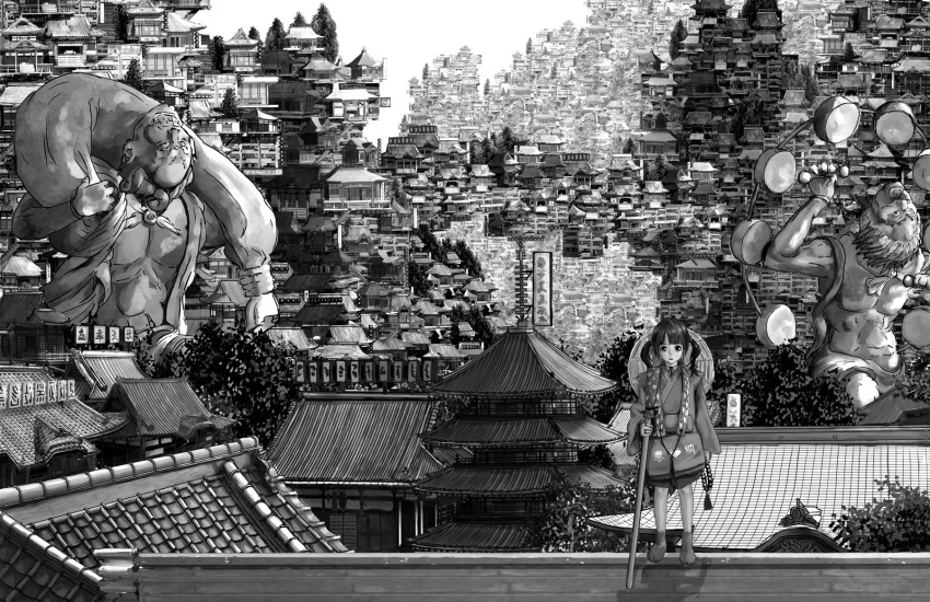 1girl architecture beads buddhism city cityscape east_asian_architecture hat highres japanese_clothes katou_fumitaka long_hair looking_at_viewer monk monochrome original pagoda prayer_beads rooftop scenery shakujou solo staff statue straw_hat surreal tabi twintails