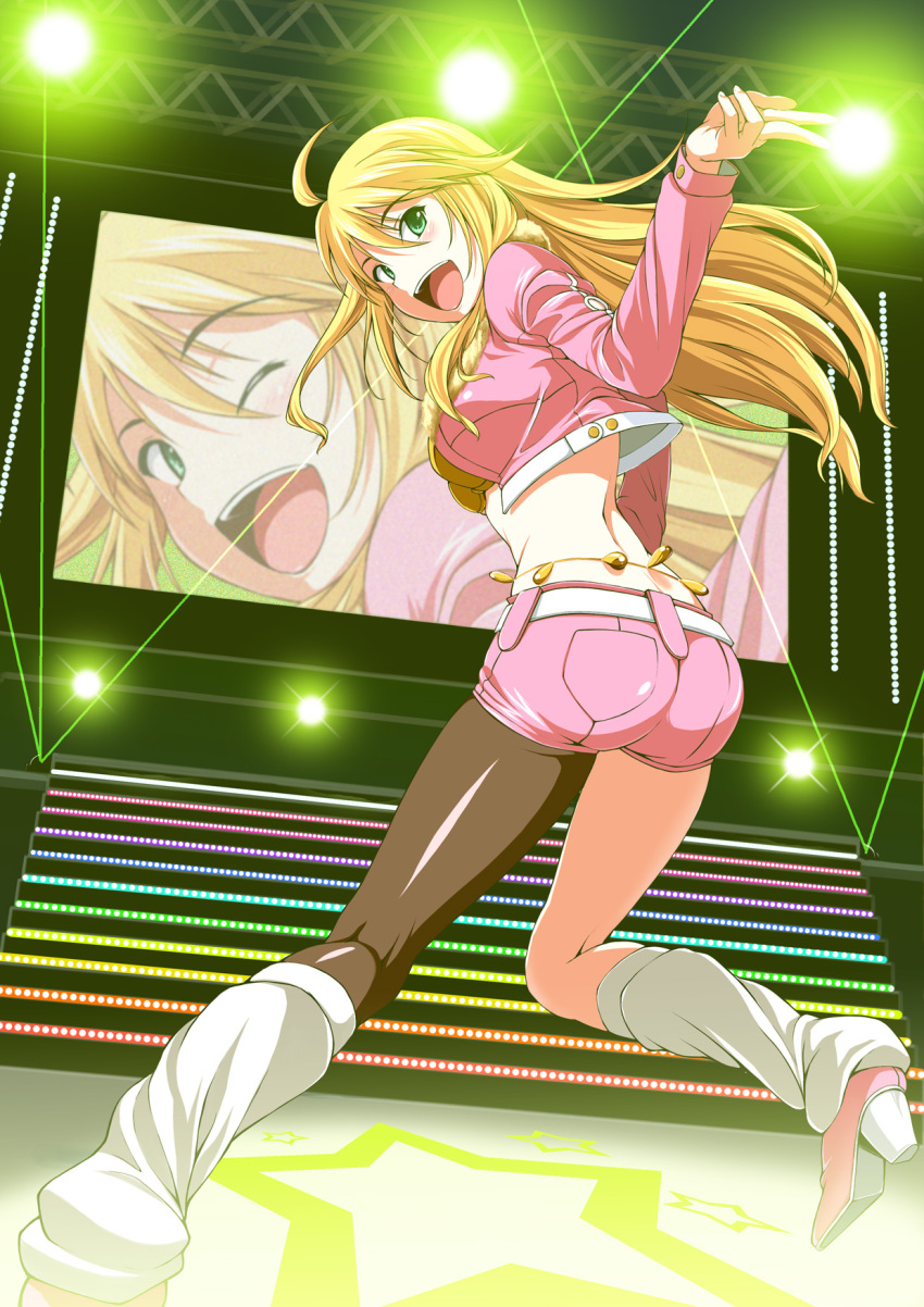 ahoge ass asymmetrical_clothes asymmetrical_clothing belly_chain blonde_hair bolero boots breasts cool_&amp;_sexy_(idolmaster) cropped_jacket from_behind green_eyes highres hoshii_miki idolmaster jacket laser leg_warmers legwear_under_shorts long_hair looking_back midriff nishi_(count2.4) open_mouth pantyhose shiny shiny_clothes shorts smile solo stage_lights television