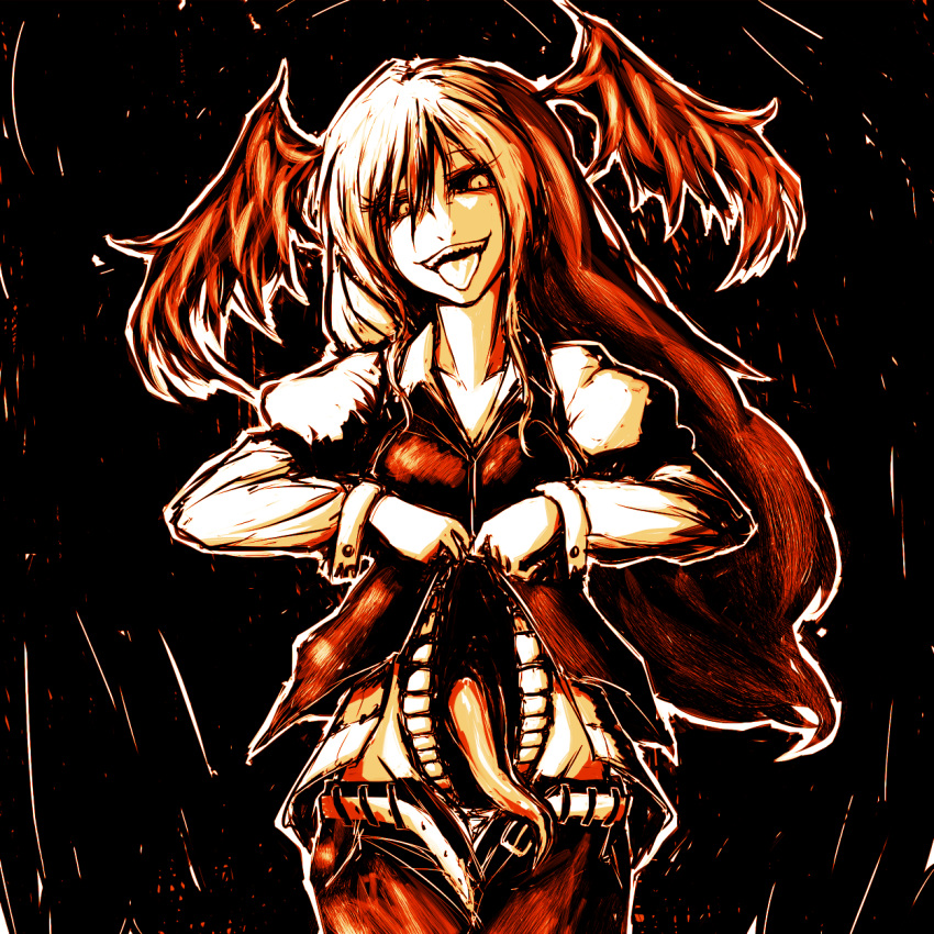 alternate_costume alternate_wings bad_id belt black_sclera crazy_eyes creepy dress_shirt extra_mouth head_tilt head_wings highres koakuma ksp long_hair long_sleeves long_tongue mouth open_clothes open_mouth open_shirt pants second_mouth shirt solo stomach_mouth teeth the_embodiment_of_scarlet_devil tongue tongue_out touhou vagina_dentata vest wings
