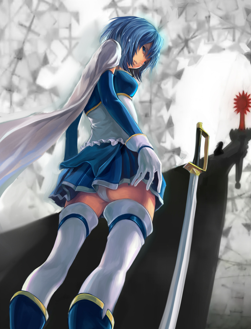 blue_hair cape elsa_maria_(madoka_magica) from_below gloves highres magical_girl mahou_shoujo_madoka_magica miki_sayaka panties pantyshot short_hair sword thighhighs underwear weapon witch's_labyrinth witch's_labyrinth xiamianliele