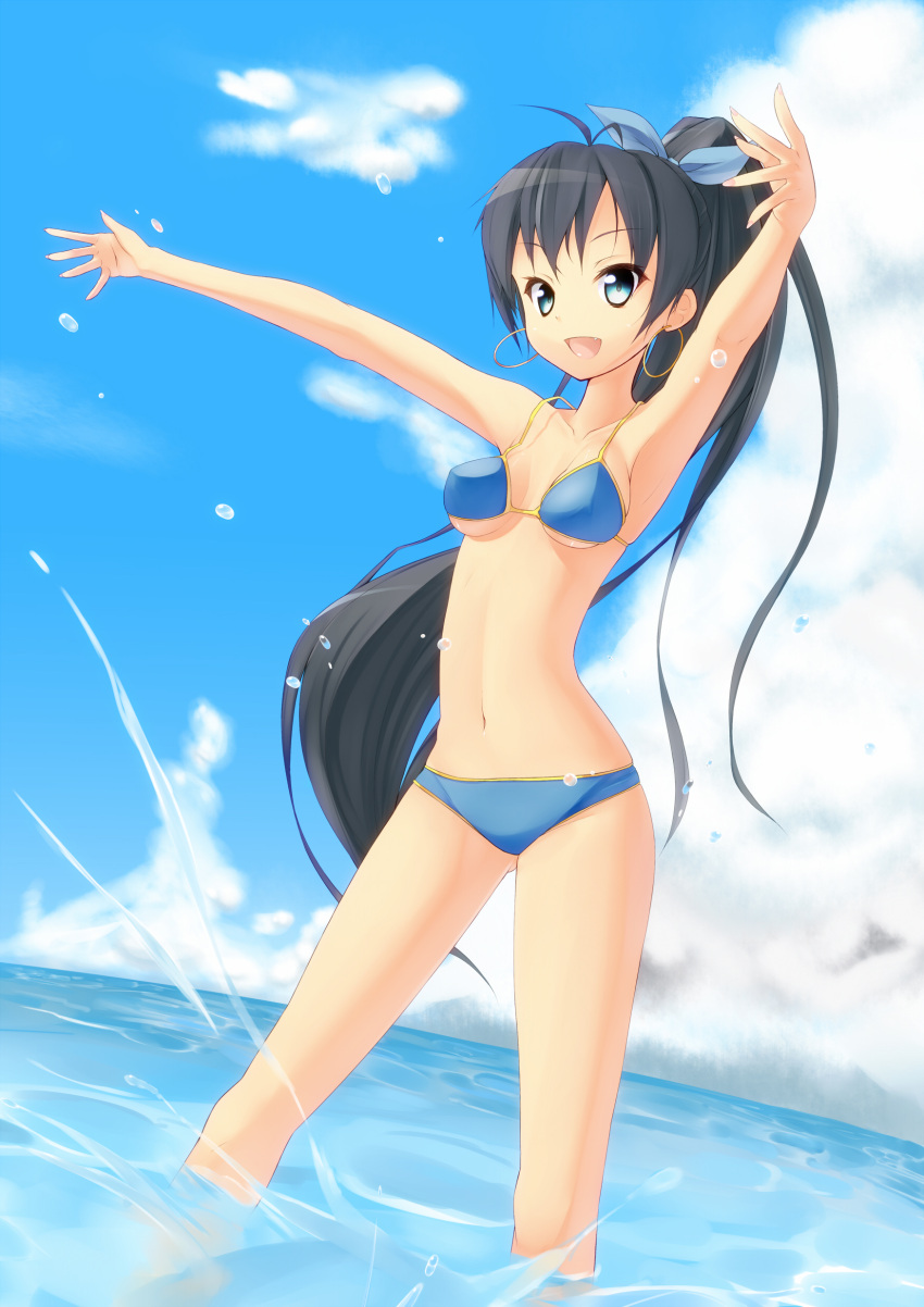 armpits bikini black_hair blue_eyes breasts cleavage ganaha_hibiki highres idolmaster kuroneko_shiro long_hair navel open_mouth ponytail sideboob smile splash splashing strap_gap swimsuit underboob very_long_hair wading