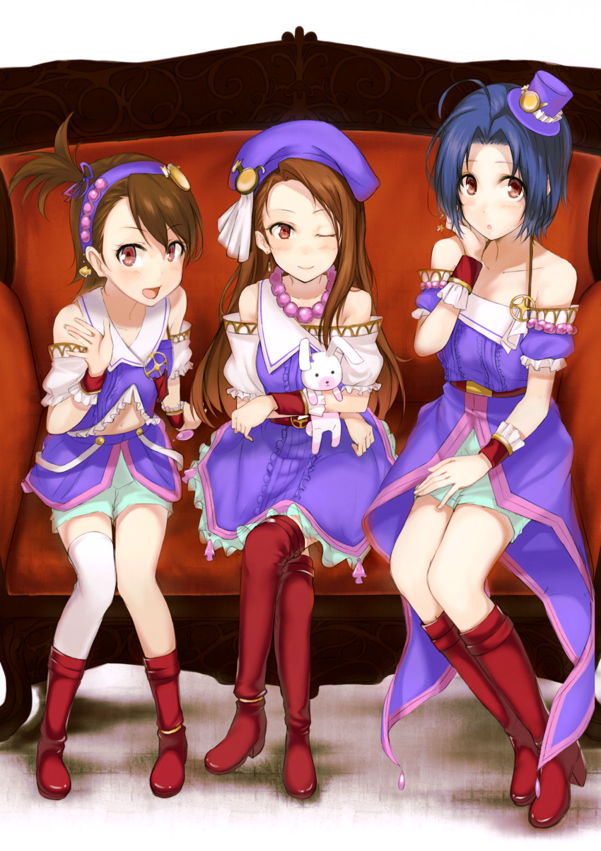 3girls :d :o absurdres arm_support bare_shoulders blue_eyes blush boots brown_hair crosed_legs crossed_arms crossed_legs futami_ami hairband hand_on_own_face hand_to_face hat highres idolmaster idolmaster_2 knee_boots long_hair minase_iori mini_top_hat miura_azusa multiple_girls one_side_up open_mouth red_eyes ryuuguu_komachi short_hair shorts single_thighhigh sitting smile stuffed_animal stuffed_toy thigh-highs thigh_boots thighhighs top_hat usa-chan waving wink wrist_cuffs