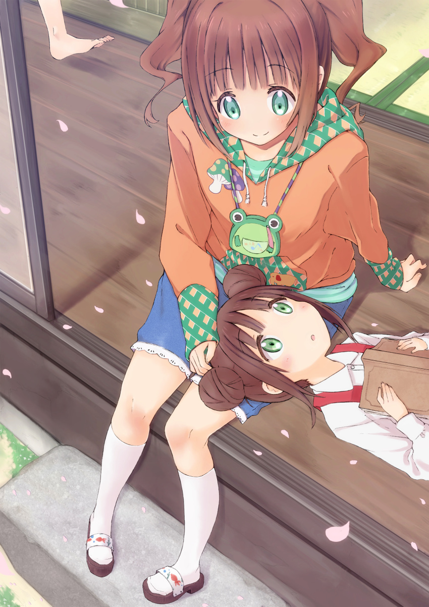 :o absurdres bag barefoot book brown_hair chika_(orange_pop) double_bun footwear frog green_eyes highres hoodie idolmaster idolmaster_2 lap_pillow multiple_girls open_mouth orange_hair petals purse sandals shorts siblings sisters smile socks takatsuki_kasumi takatsuki_yayoi twintails