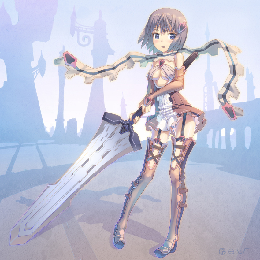 blue_eyes blush boots breasts brown_hair cleavage cleavage_cutout detached_sleeves dress garters hair_ornament open_mouth original pigeon-toed pigeon_toed purple_eyes scarf short_hair sideboob solo sword thigh-highs thigh_boots thighhighs tougetsu_gou underboob vertical_stripes weapon
