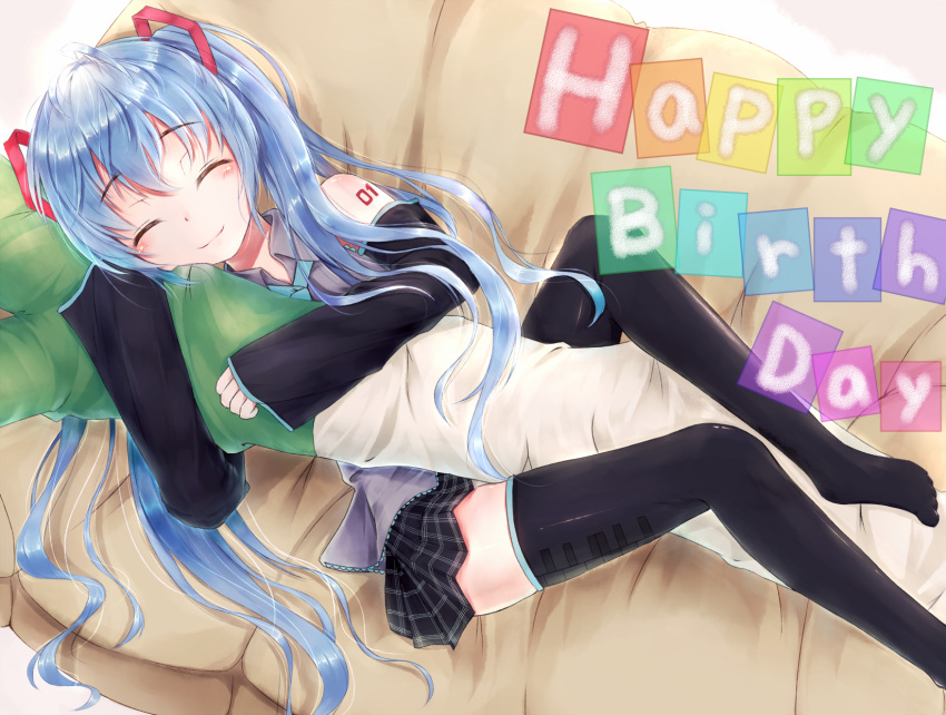 blue_hair body_pillow closed_eyes detached_sleeves eyes_closed happy_birthday hatsune_miku highres long_hair pillow ruki_(rokiru) skirt solo thigh-highs thighhighs twintails vocaloid