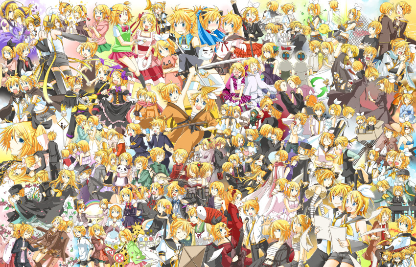 absurdres asagi_(seal47) blonde_hair blue_eyes business_suit cape closed_eyes dress earmuffs eyes_closed flower food hair_flower hair_ornament hair_ribbon hairpin hat hat_with_ears headphones highres hood ice_cream instrument kagamine_len kagamine_rin maid matching_outfit multiple_persona open_mouth ribbon scarf school_uniform shared_scarf shirt short_hair siblings skirt stuffed_toy twins veil violin vocaloid wedding_dress