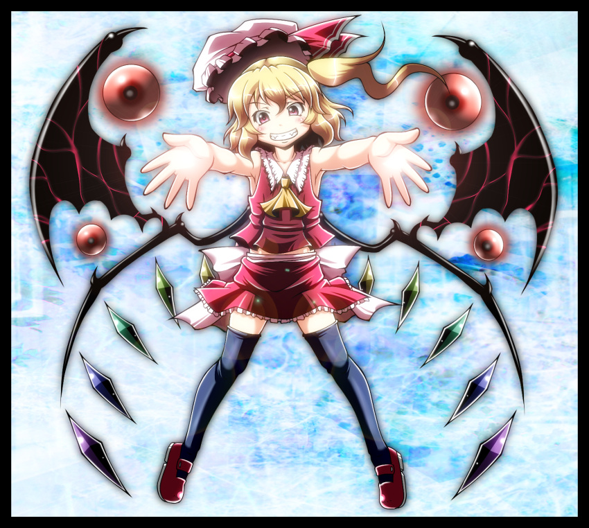 alternate_wings armpits ascot black_legwear blonde blonde_hair eyes fangs flandre_scarlet foreshortening grin hat hat_removed headwear_removed high_res highres incoming_hug mary_janes outstretched_arms red_eyes sd-sos shoes short_hair side_ponytail skirt sleeveless smile solo teeth thigh-highs thighhighs touhou wings zettai_ryouiki