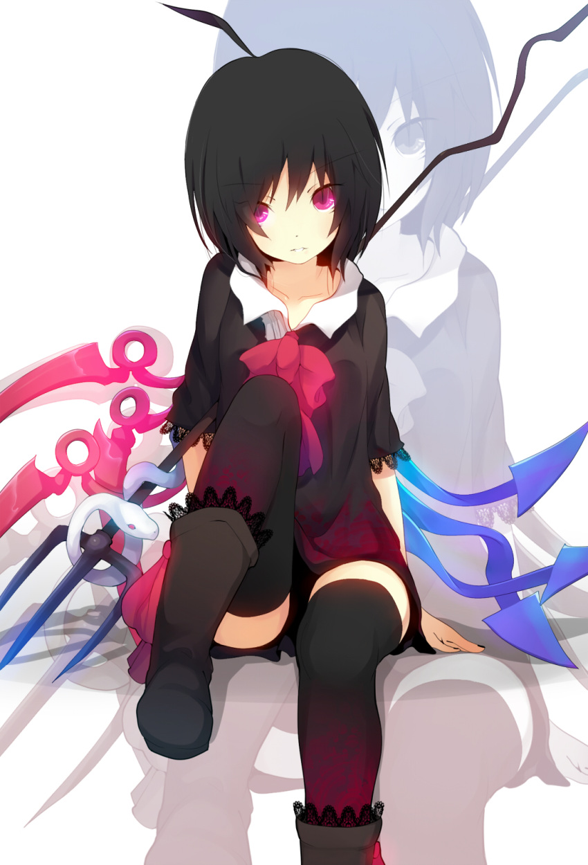 ahoge asymmetrical_wings bad_id black_buraku black_hair black_legwear boots bow highres houjuu_nue looking_at_viewer nail_polish ogipote pink_eyes polearm short_hair sitting slit_pupils snake solo spear thigh-highs thighhighs touhou trident weapon wings zoom_layer