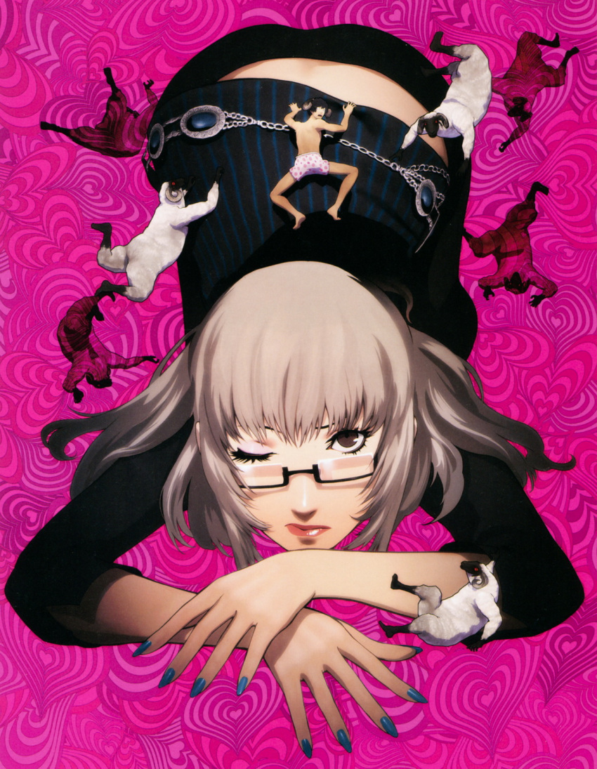 barefoot blush brown_eyes brown_hair catherine_(game) glasses highres katherine_mcbride long_hair looking_up nail_polish official_art scan sheep short_hair soejima_shigenori underwear vincent_brooks wink