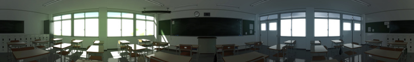 chalkboard classroom clock fisheye fluorescent_lamp highres long_image no_humans original panorama reflective_floor sakais3211 scenery sunlight wide_image window
