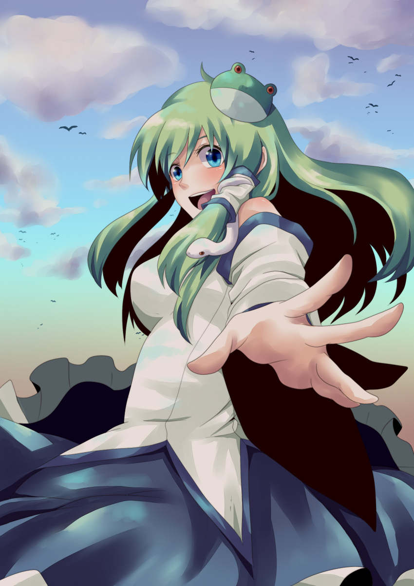 absurdres bare_shoulders blue_eyes boooo-im detached_sleeves frog green_hair hair_ornament highres kochiya_sanae long_hair open_mouth outstretched_arm skirt snake solo touhou