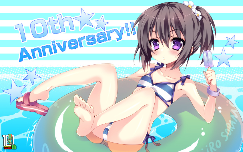 armpits bare_legs bare_shoulders barefoot bikini black_hair blush bracelet collarbone flat_chest flower hair_flower hair_ornament highres innertube itou_mikoto jewelry koiiro_soramoyou legs_up looking_at_viewer popsicle purple_eyes sandals shoe_dangle side-tie_bikini side_ponytail solo striped striped_swimsuit swimsuit twintails violet_eyes wallpaper water