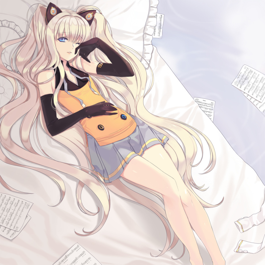 animal_ears bad_id bed blonde_hair blue_eyes cat_ears elbow_gloves enk gloves highres legs long_hair lying on_back pillow seeu skirt smile solo very_long_hair vocaloid wince