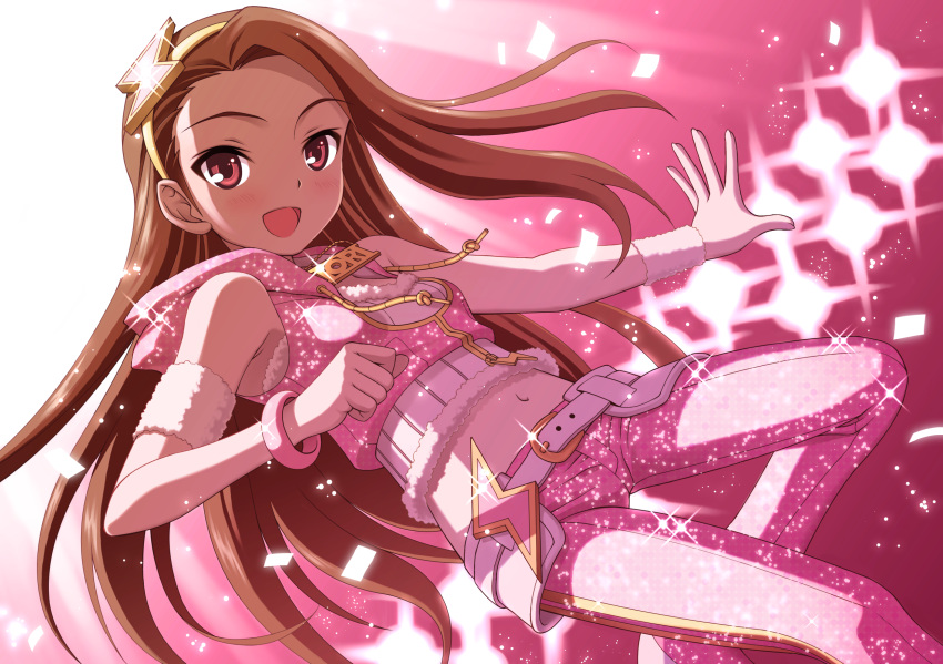 :d belt bracelet brown_hair cool_&amp;_sexy_(idolmaster) fur_trim hairband highres hoodie idolmaster jewelry long_hair midriff minase_iori navel necklace nokia_(harusion) open_mouth pants pink_eyes smile solo sparkle wristband