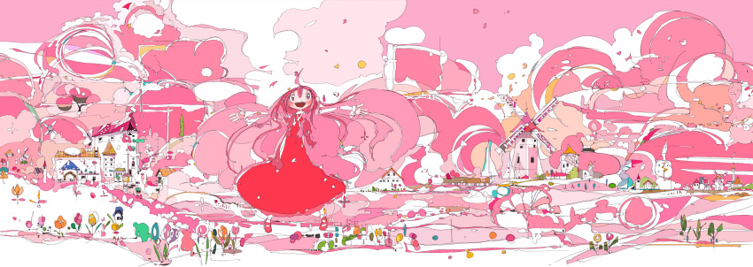 ahoge building cherry_blossoms dress flower highres kinuten long_hair long_image mary_janes open_mouth original outstretched_arms pink_hair pop_art scenery shoes solo surreal very_long_hair wide_image widescreen windmill