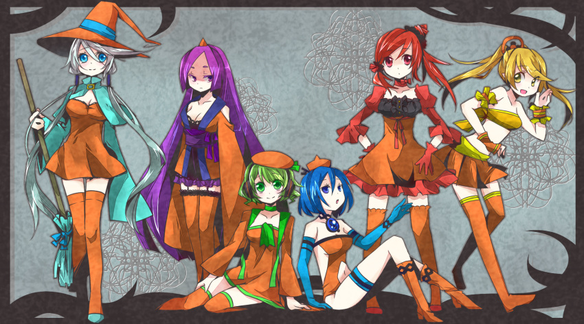 6girls blonde_hair blue_eyes blue_hair broom gijinka green_eyes green_hair grey_hair highres legwear moemon multiple_girls personification pokemon pokemon_(game) purple_eyes purple_hair red_eyes red_hair rotom thighhighs witch_hat yellow_eyes